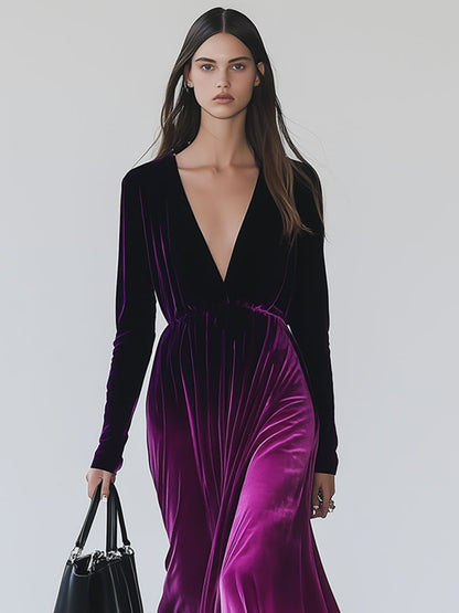 Fashion Retro Velvet Pink And Purple Gradient Long Sleeve V-Neck Maxi Dress