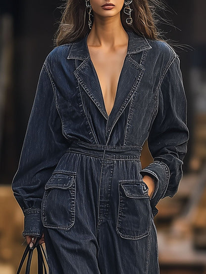 Casual Loose Retro Lapel Pocket Long Sleeve Denim Jumpsuit