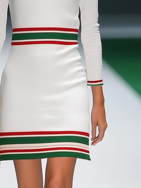 Fashionable and Elegant Striped White Long Sleeve Mini Dress