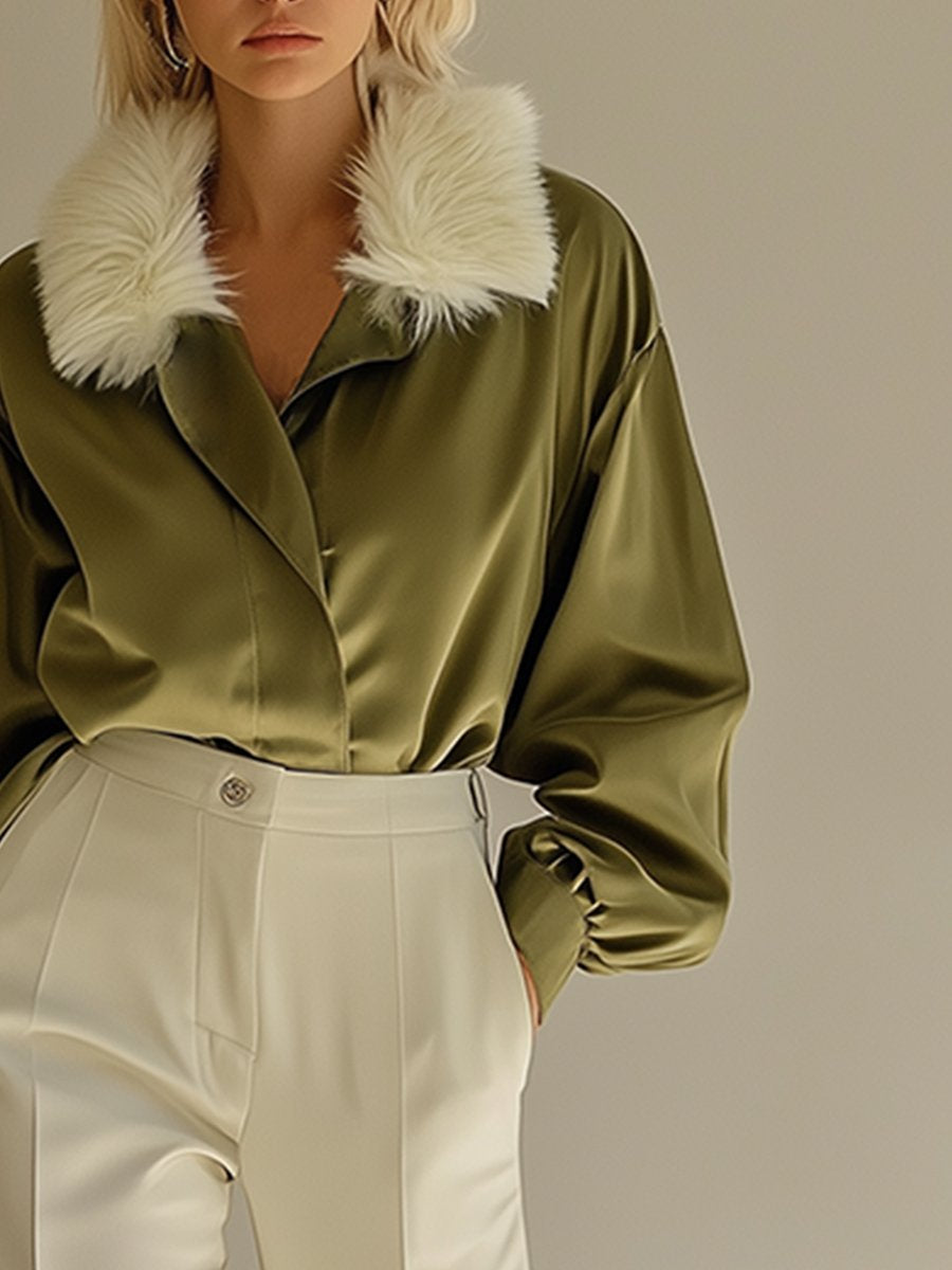 Vintage Olive Green Detachable Fur Collar Satin Shirt