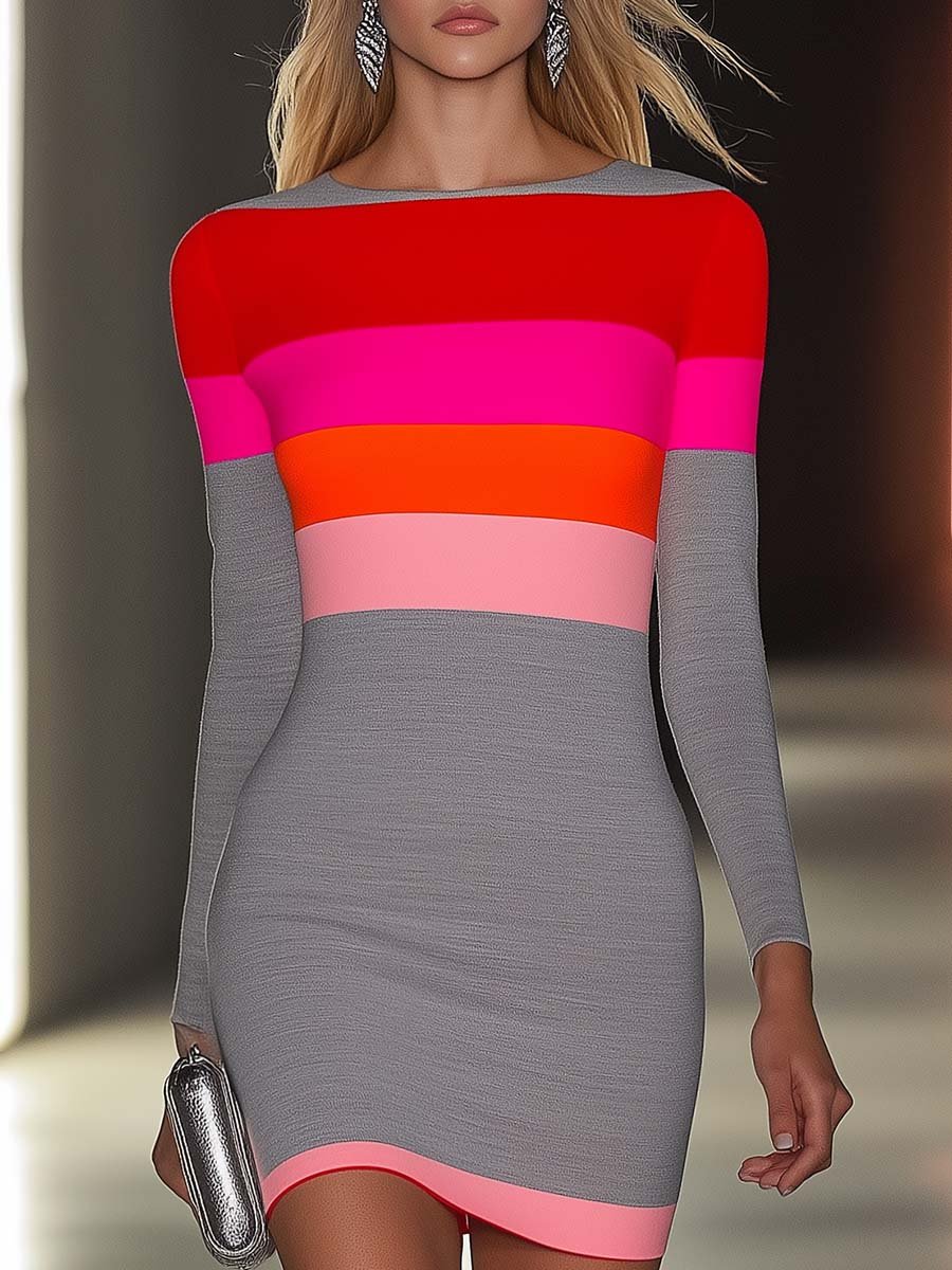 Fashion Round Neck Bright Color Horizontal Stripes Contrast Gray Mini Dress