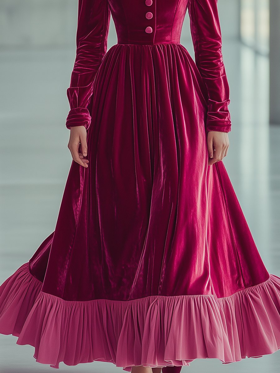 Elegant Small Stand-up Collar Rose Red Velvet Long-sleeved Maxi Dress