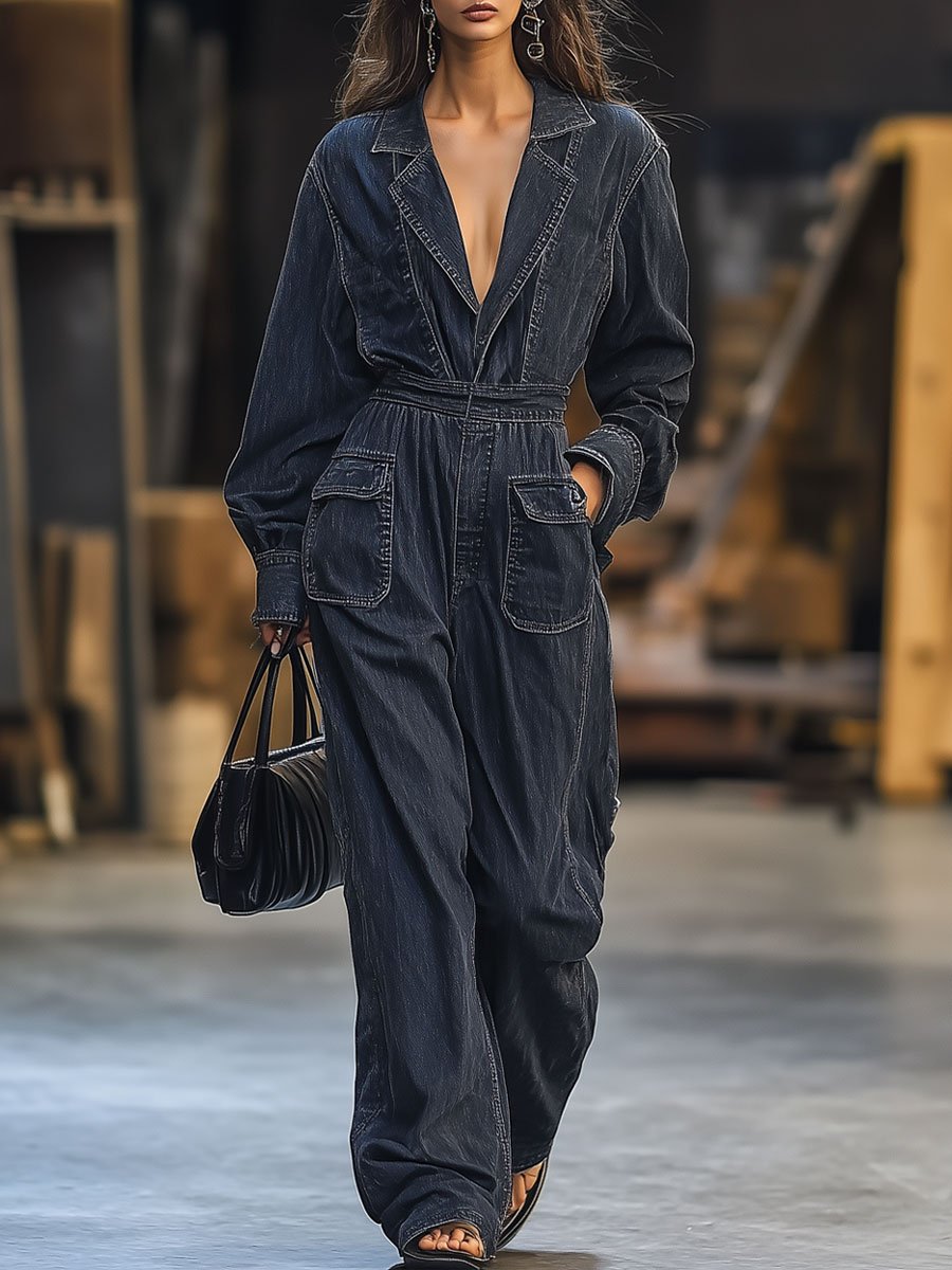 Casual Loose Retro Lapel Pocket Long Sleeve Denim Jumpsuit