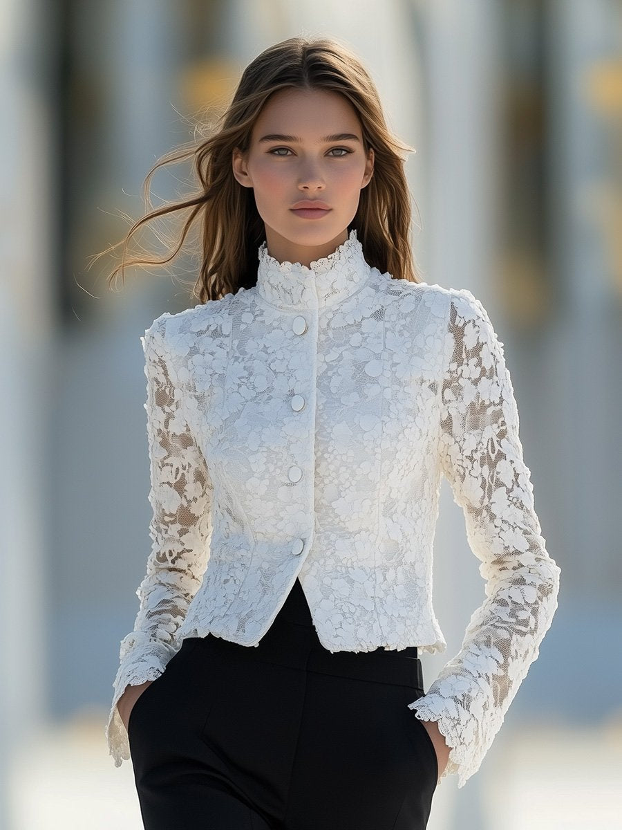 Elegant and Capable Stand-up Collar Short White Lace Jacket