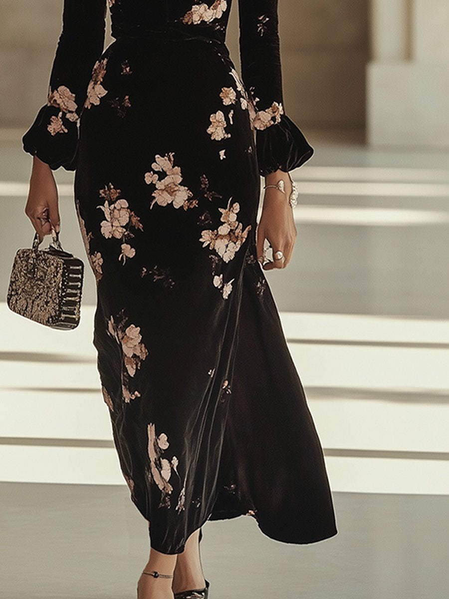 Retro Elegant V-Neck Velvet Printed Long Sleeve Maxi Dress