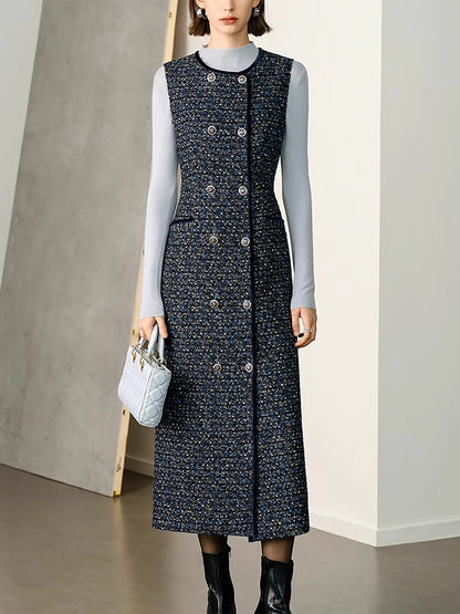 High-End Fashionable Exquisite Tweed Waistcoat Midi Dress