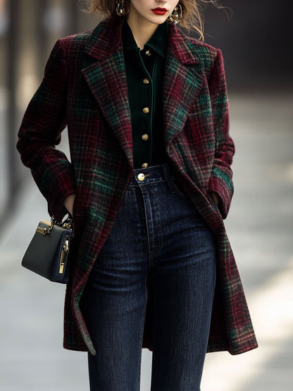 Casual Loose Retro Lapel Red And Green Plaid Woolen Coat