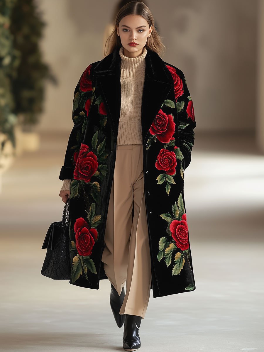 Casual Loose Vintage Velvet Rose Print Lapel Pocket Midi Coat