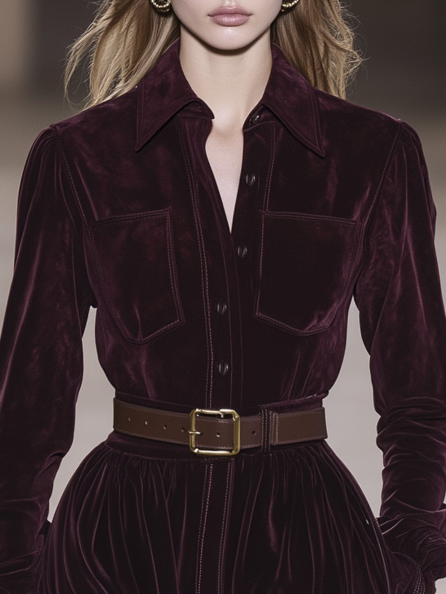 Elegant and Unique Shirt-style Tie-down Dark Chestnut Suede Mini Dress