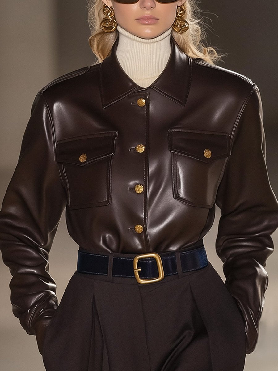 Luxury Stylish Leather Shirt With Metal Buttons