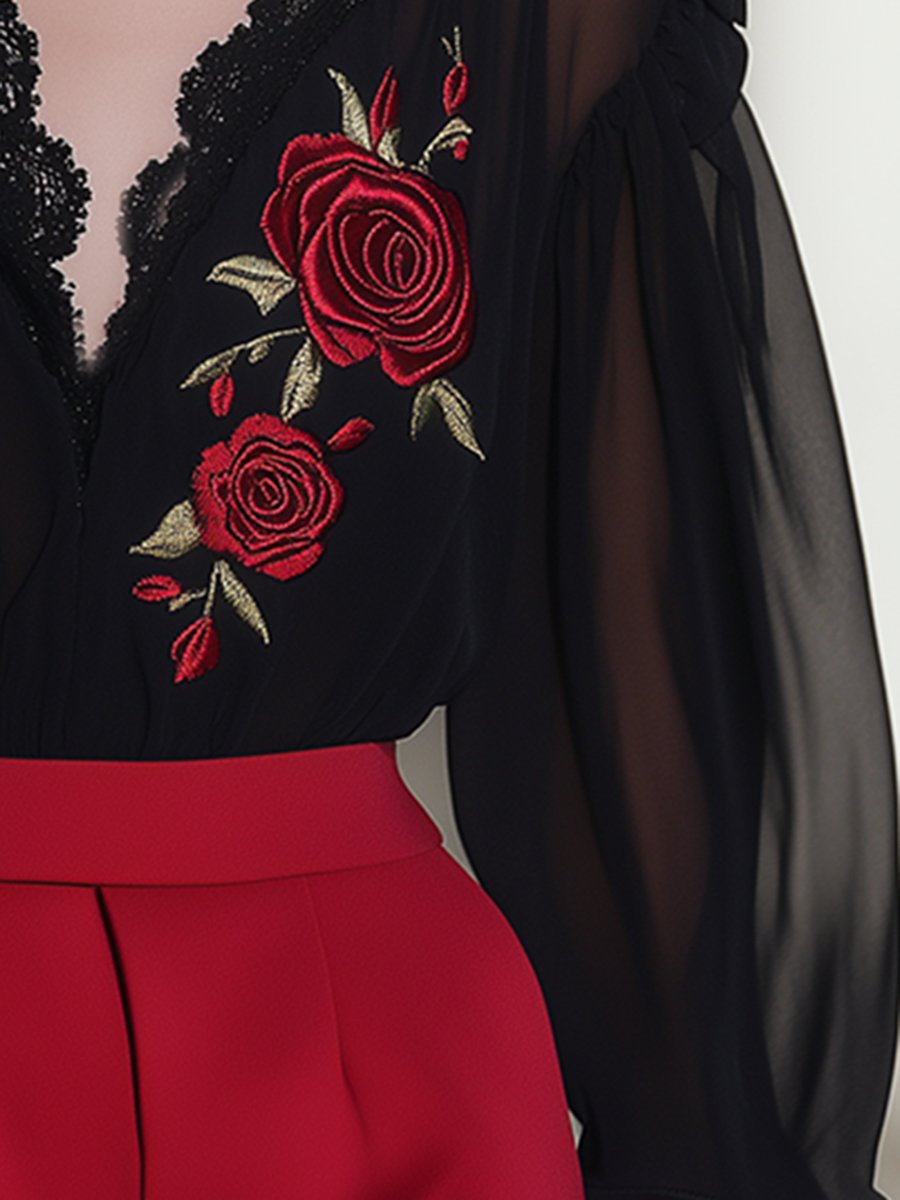 Vintage Elegant Rose Embroidery Lace V-neck Black Chiffon Shirt