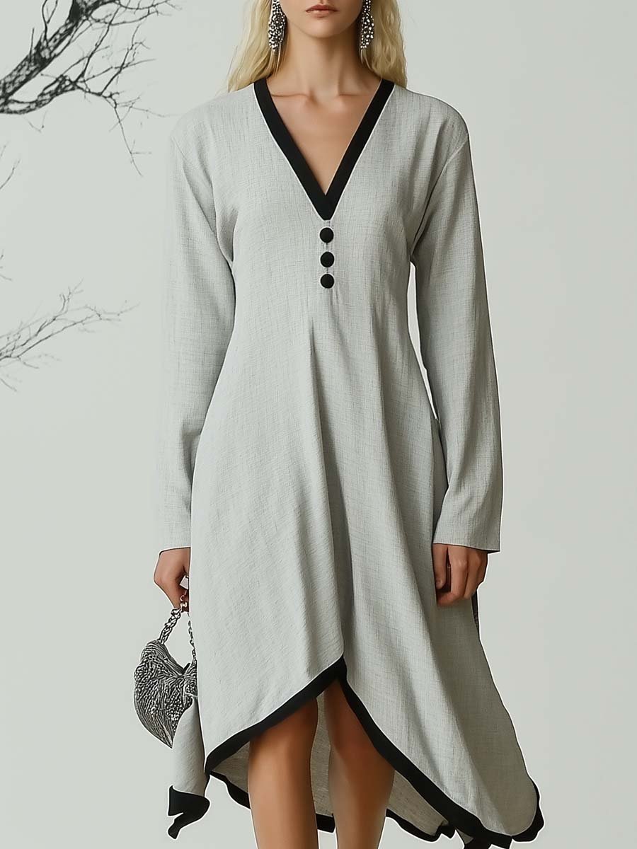 Human and Nature Are One V-neck Loose Light Grey Linen Midi Dress