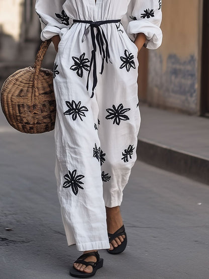 Casual Cotton and Linen Floral Embroidery V-Neck Long Sleeve Wide Leg Jumpsuit