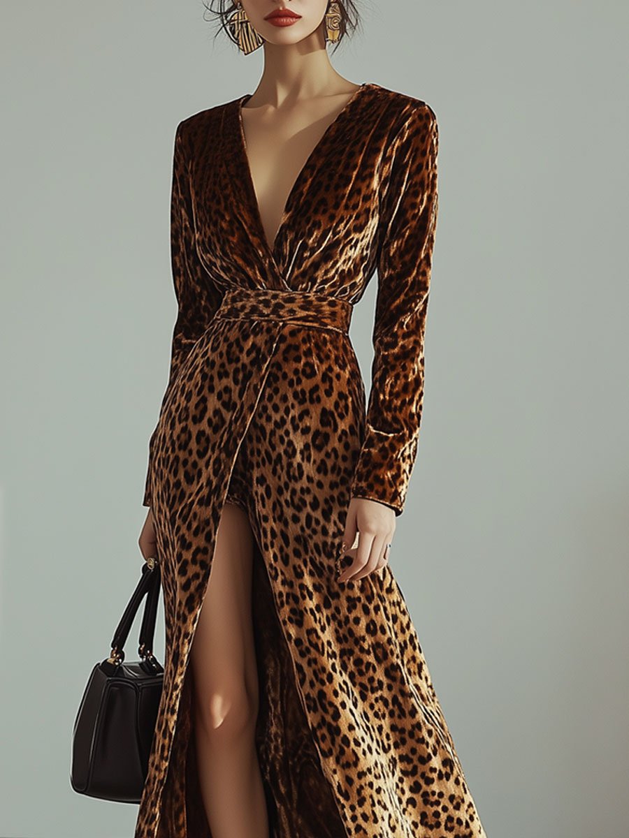 V-Neck Vintage Velvet Leopard Print Long Sleeve Slit Maxi Dress