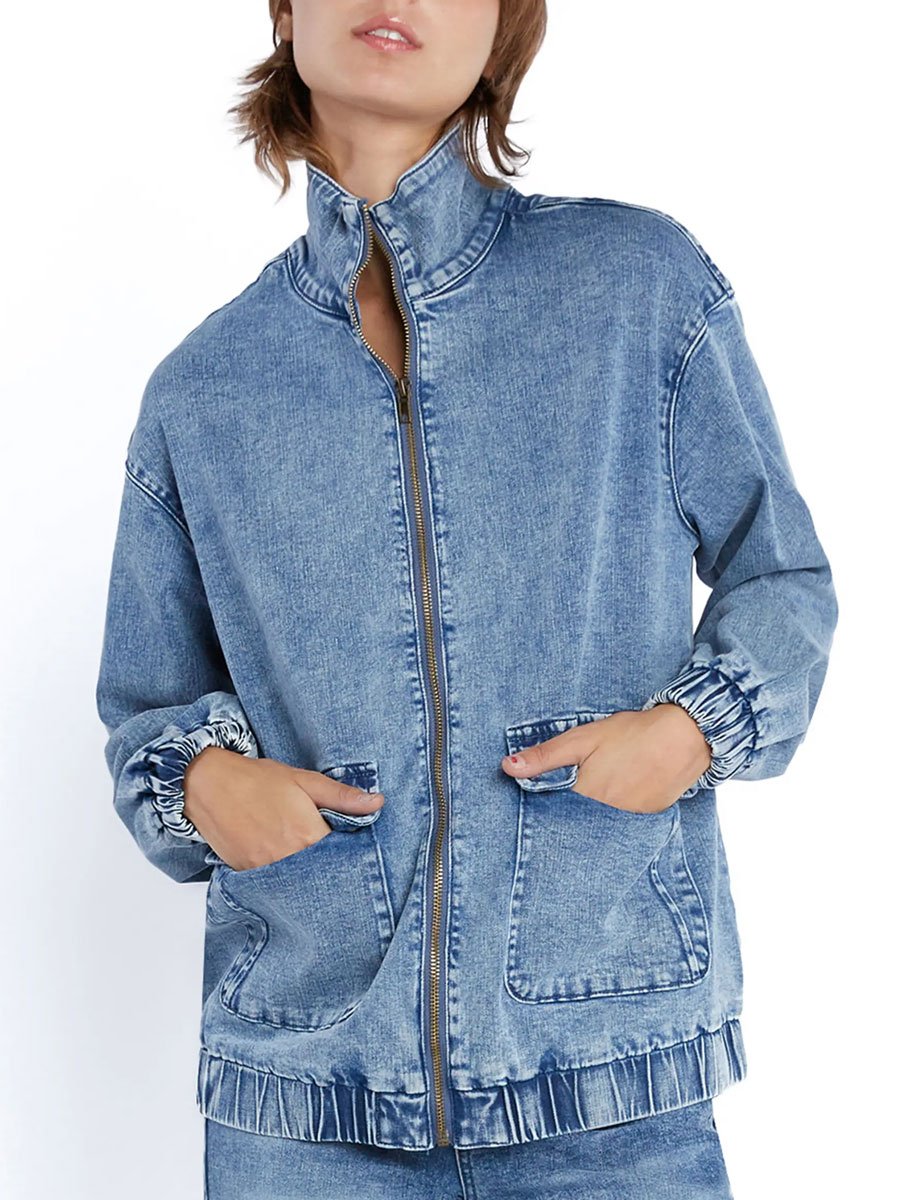 Casual Loose Pocket Zipper Vintage Denim Jacket