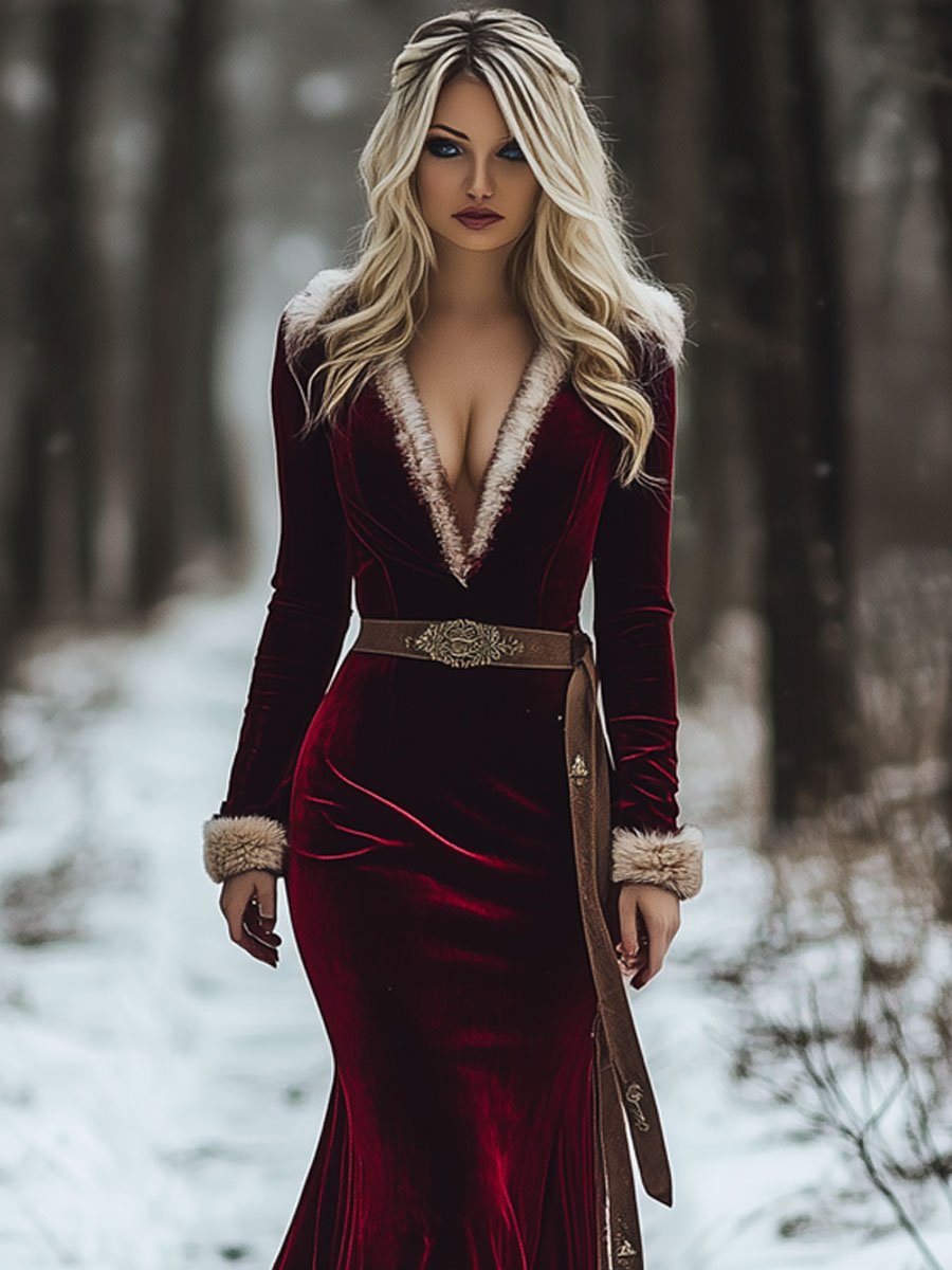 Fashion Retro Wine Red Velvet V-Neck Raw Edge Long Sleeve Fishtail Maxi Dress