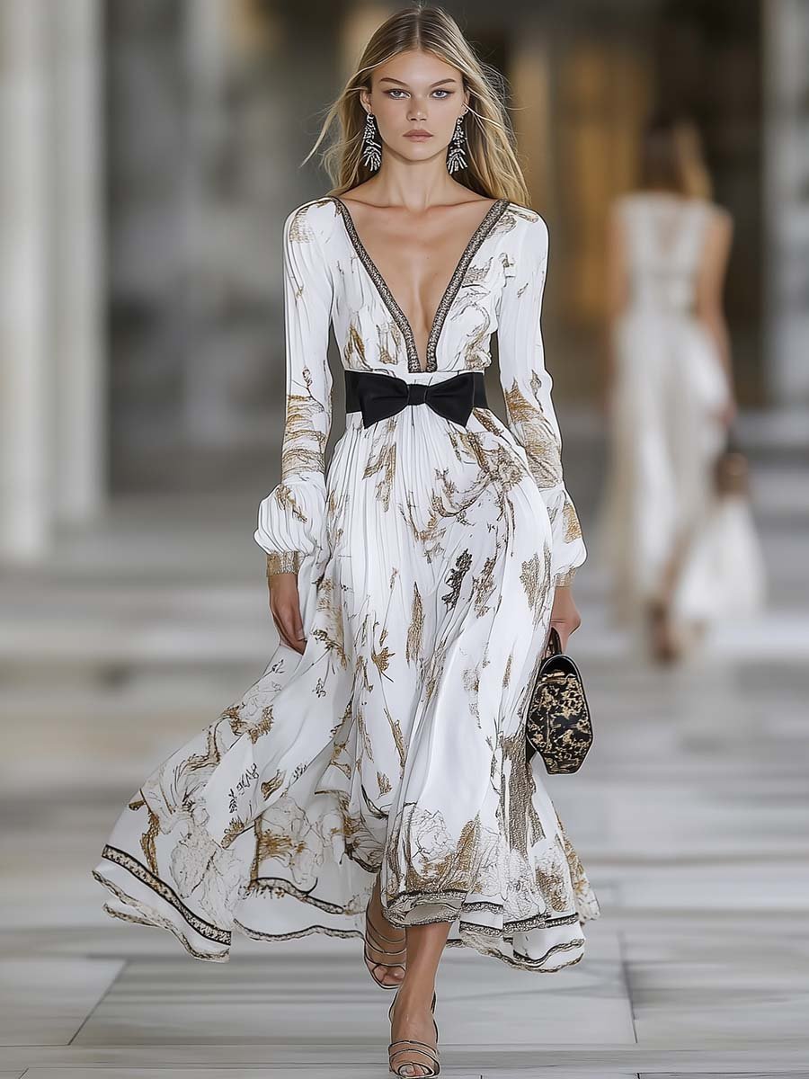 Elegant V-neck Gold Print and Bow-decorated White Maxi Dress