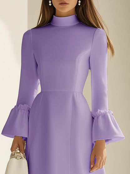 Fashionable and Elegant Lavender Half-high Collar Long-sleeved Trumpet Sleeve Satin Mini Dress