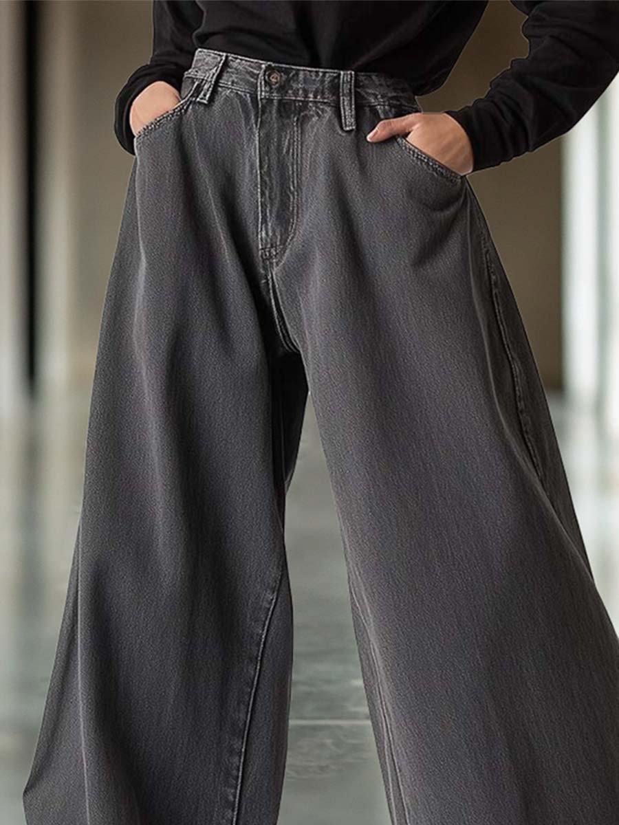 Retro Fashion Street Style A-Line Pocket Wide-Leg Jeans