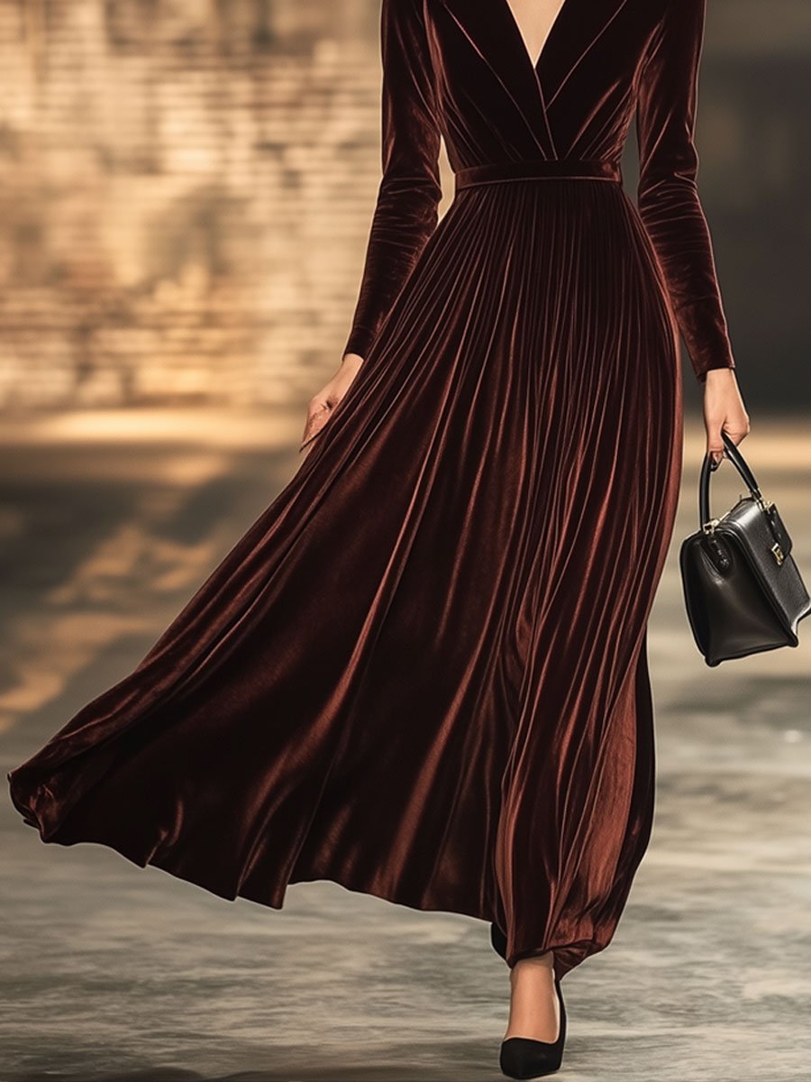 Fashion Party Lapel Solid Color Velvet Long Sleeve Trench Coat Maxi Dress