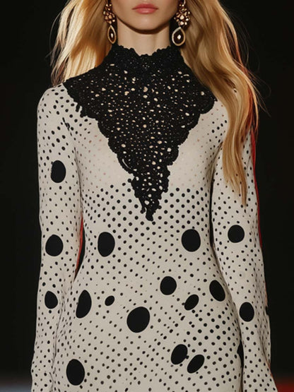 Elegant and Chic Lace Half-high Collar Polka Dot Midi Dress