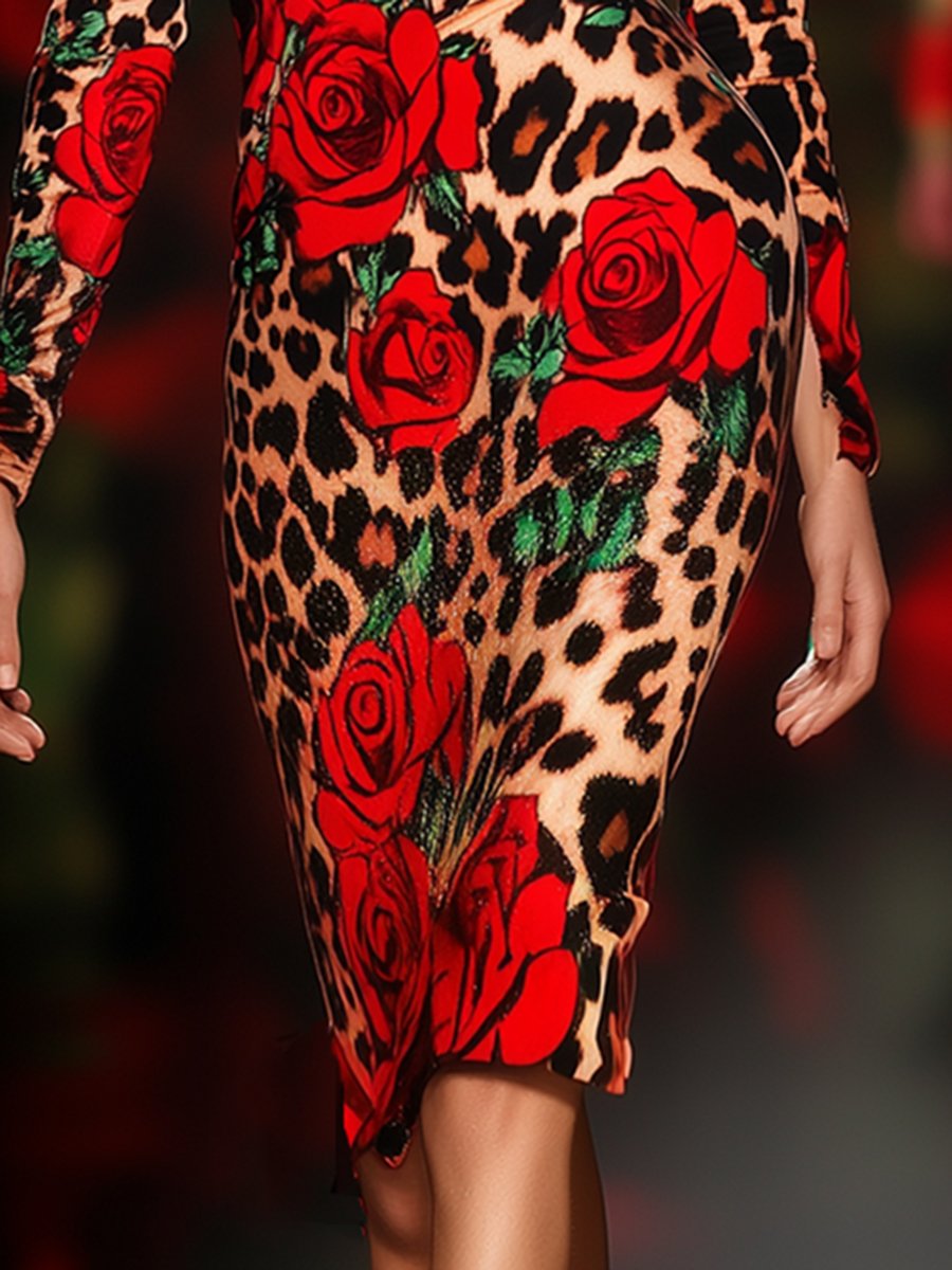 Sexy And Fashionable Slim Fit Leopard Rose Print One Shoulder Midi Dress