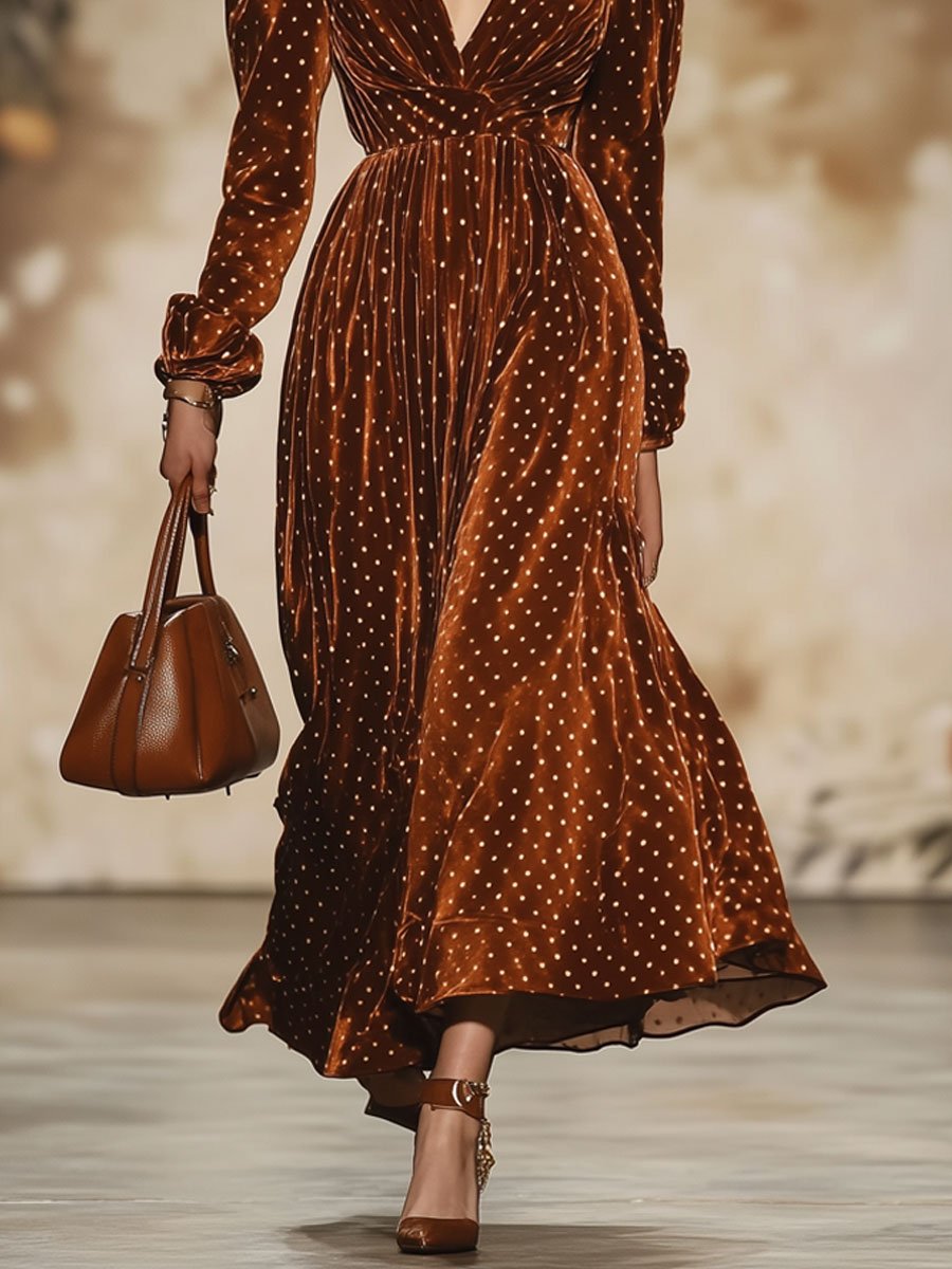 Fashion Retro Velvet Polka Dot Print V-Neck Long Sleeve Maxi Dress