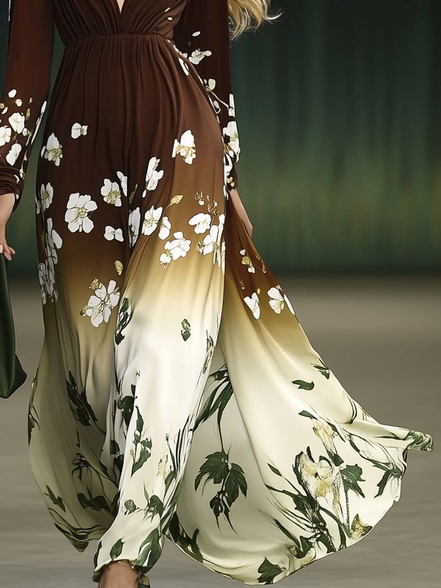 Elegant and Flowing V-neck Gradient Floral Print Maxi Dress