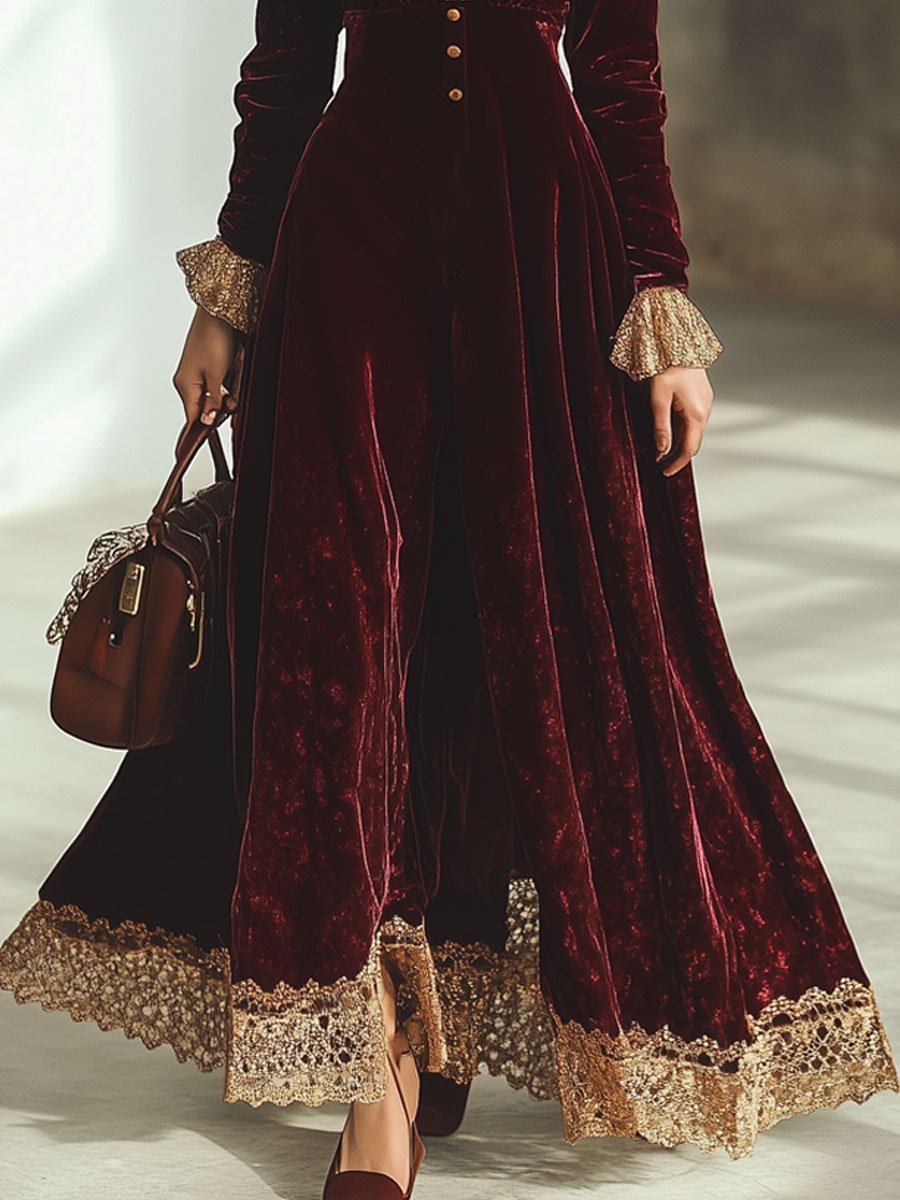 Vintage Ankola Red Velvet Lace V-neck Long Sleeve Maxi Dress