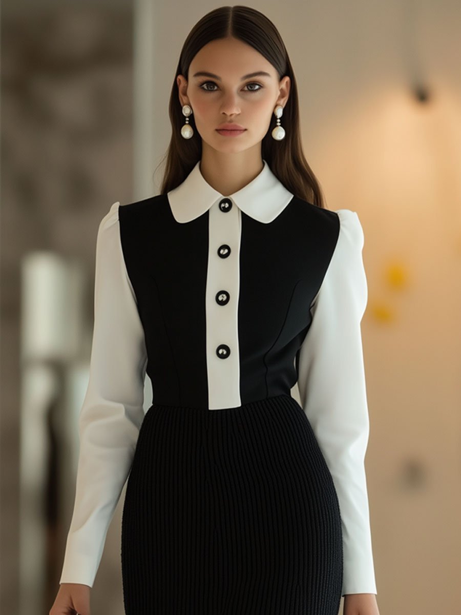 Fashionable Black And White Knitted Patchwork Long-Sleeved Mini Dress