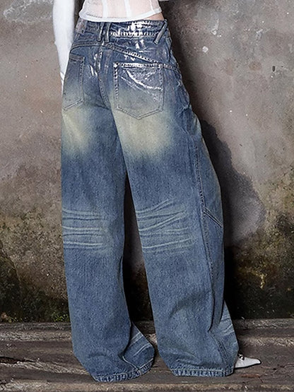 Low-Rise Casual Silver-Finish Loose Wide-Leg Denim Pants