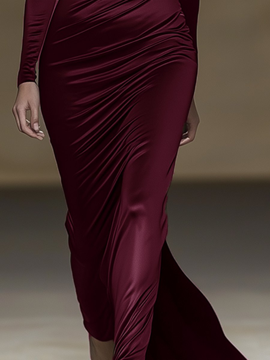 Elegant And Fashionable High-End V-Neck Satin Long-Sleeved Dress