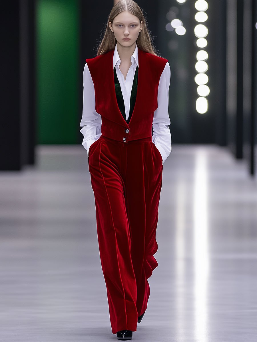 Casual Loose Retro Red Velvet Vest Wide Leg Pants Set