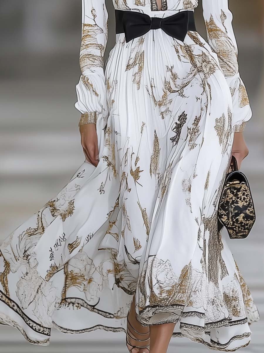 Elegant V-neck Gold Print and Bow-decorated White Maxi Dress