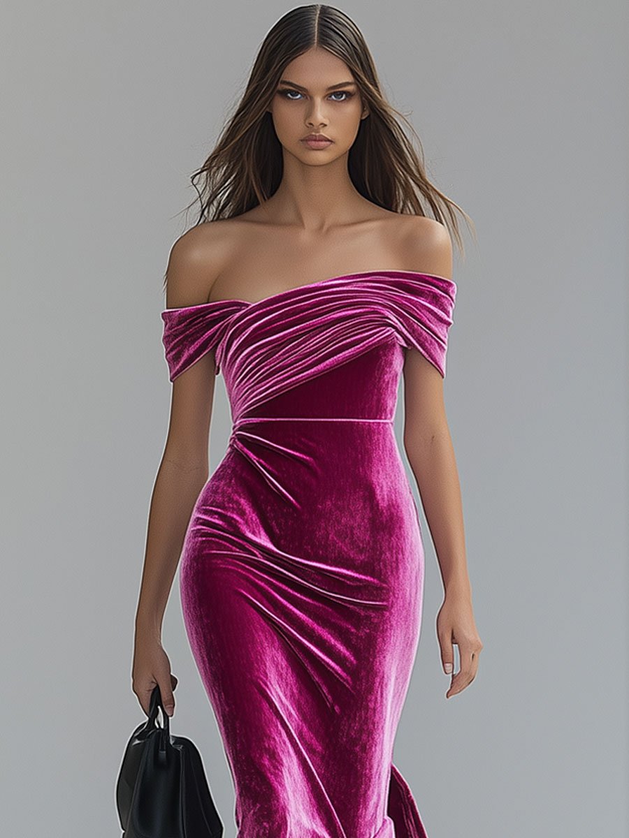 Fashion Retro Pink Velvet Off-the-shoulder Midi Dress