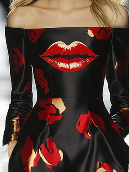 Premium Sexy Fashionable Red Lips Printed One Shoulder Midi Dress