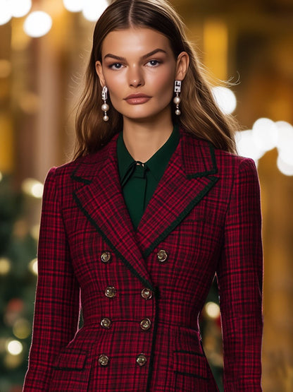 Fashion Retro Red And Green Plaid Suit-Style Double-Breasted Long-Sleeved Mini Dress