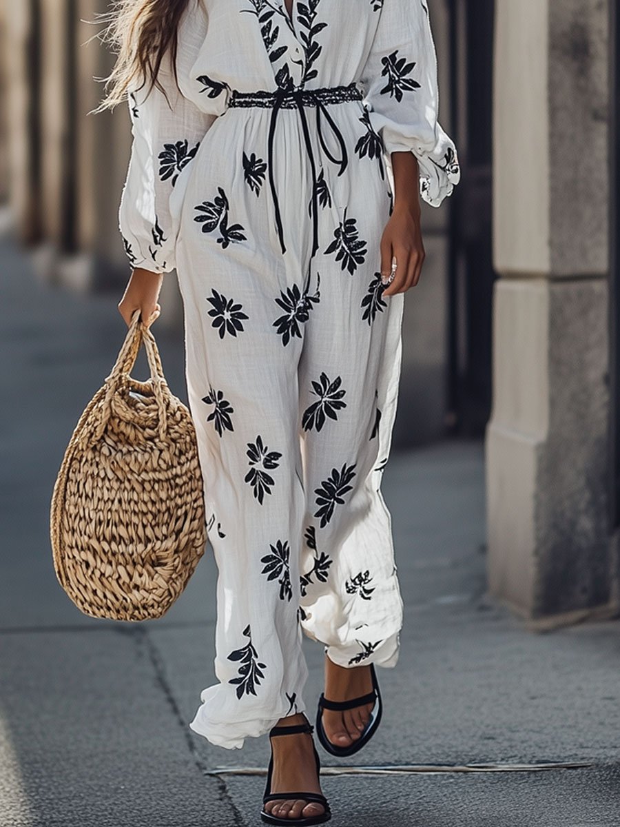 Casual Cotton And Linen Leaf Print Long-Sleeved Tie-Neck Wide-Leg Jumpsuit