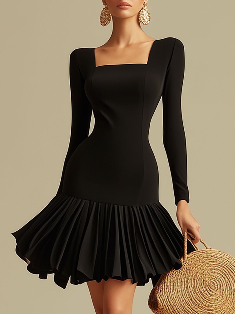 Fashion Party Black Dress Pleated Fishtail Long Sleeve Square Neck Mini Dress