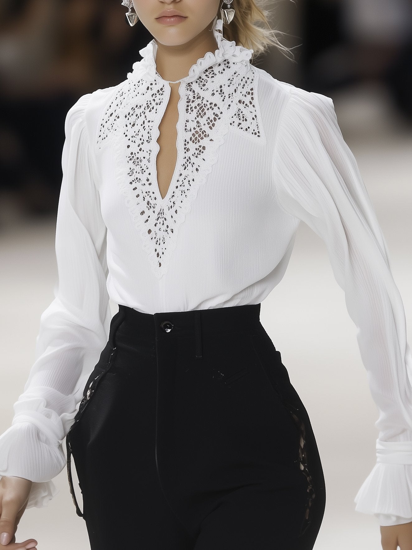 Classic All-Match Lace Chiffon White Long-Sleeved Shirt