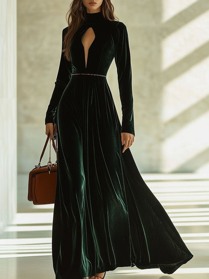 Retro Fashion Velvet Hollow Long Sleeve Maxi Dress