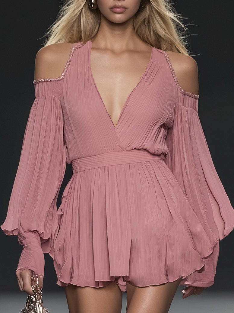 Flowy Rose Pink Chiffon V-Neck Off-The-Shoulder Long-Sleeved Mini Dress