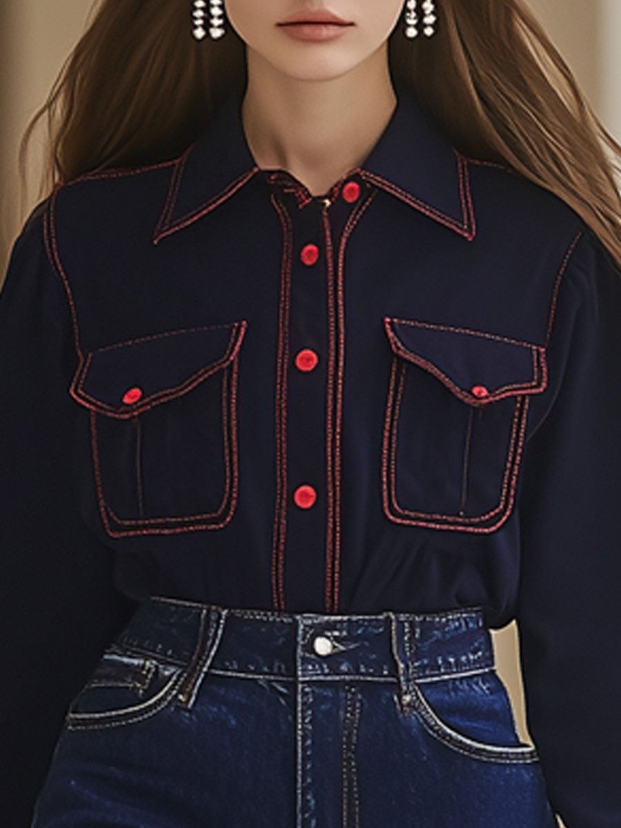 Casual Loose Retro Red Topstitched Blue Denim Long Sleeve Blouse