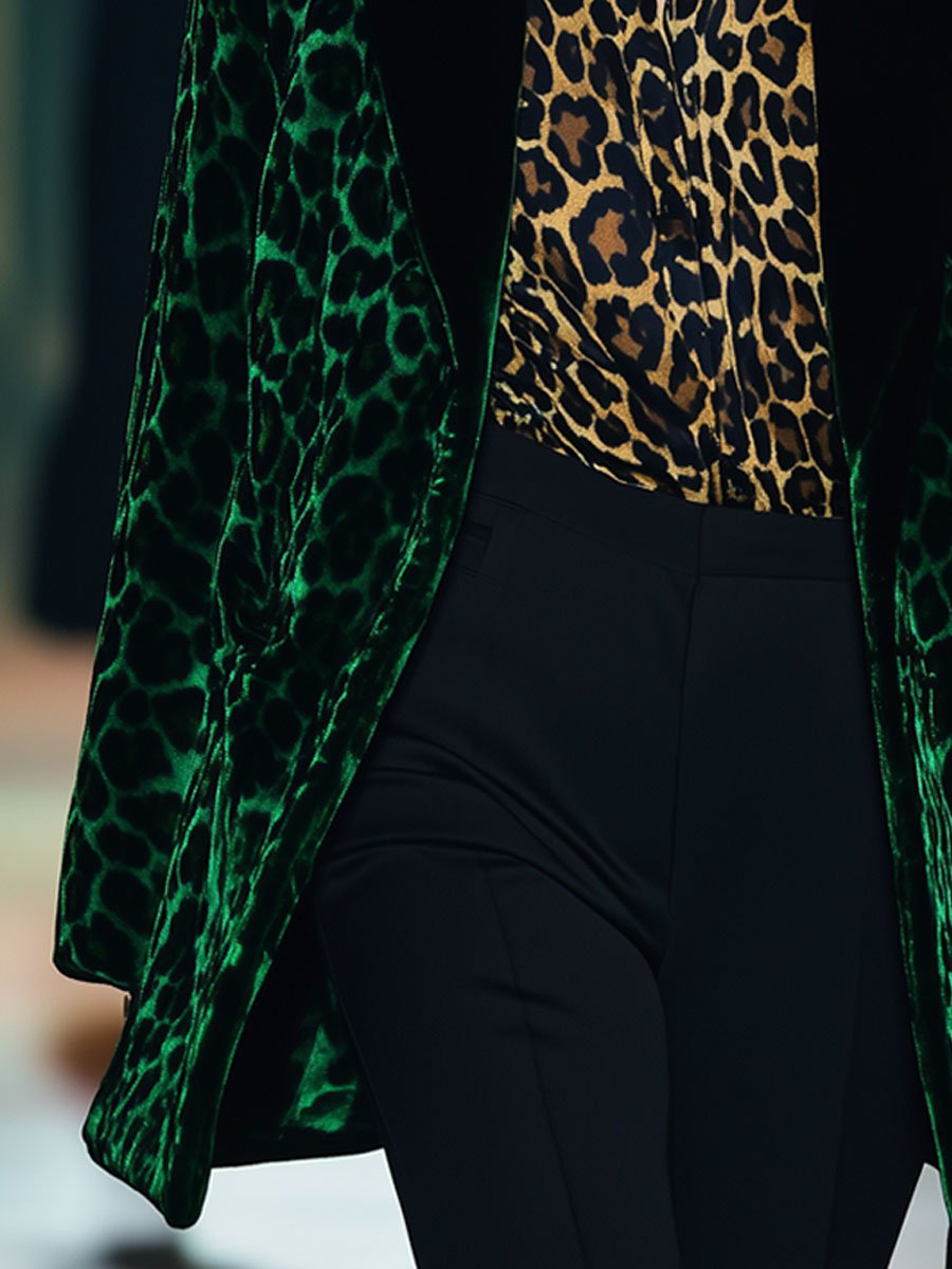 Casual Loose Retro Green Velvet Leopard Print Black Lapel Blazer