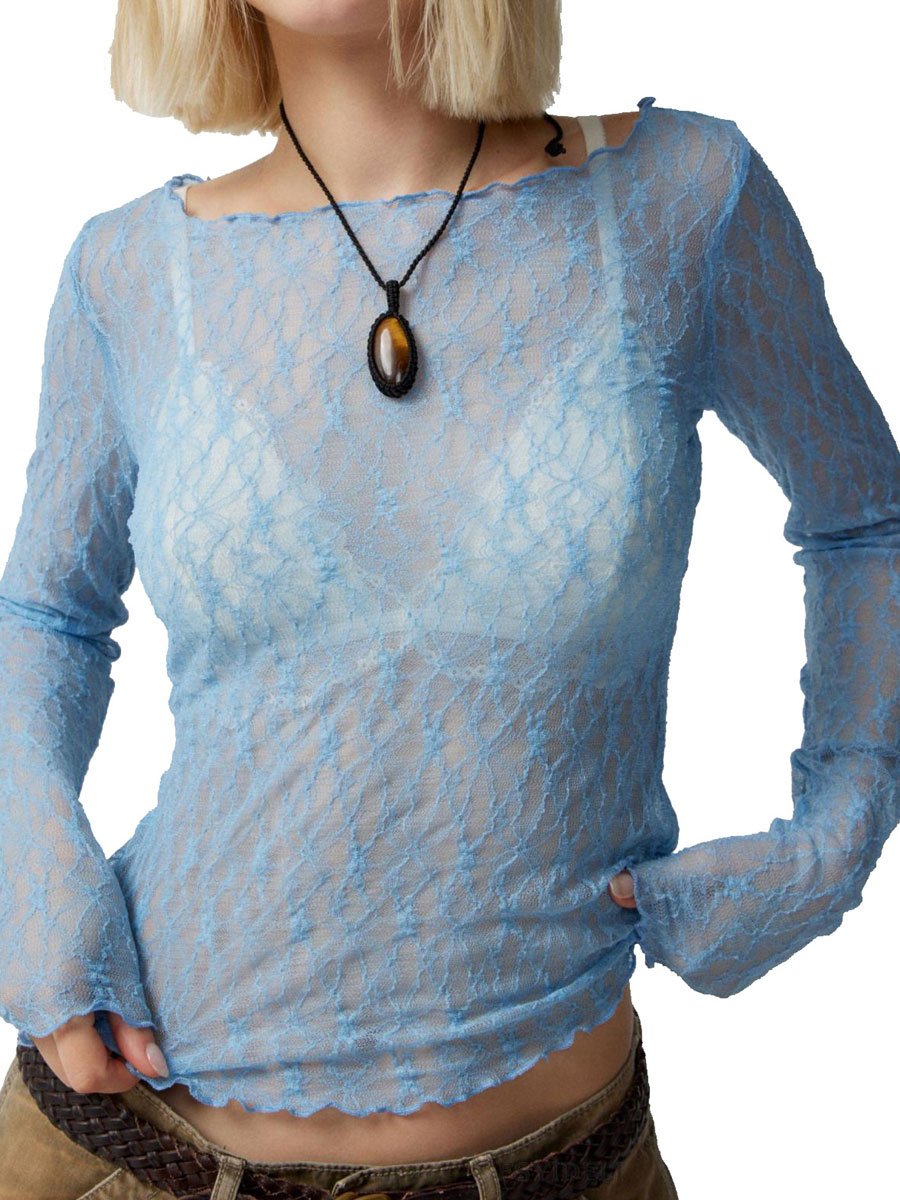 Fashion Round Neck Lace Jacquard Hollow Long Sleeve T-Shirt