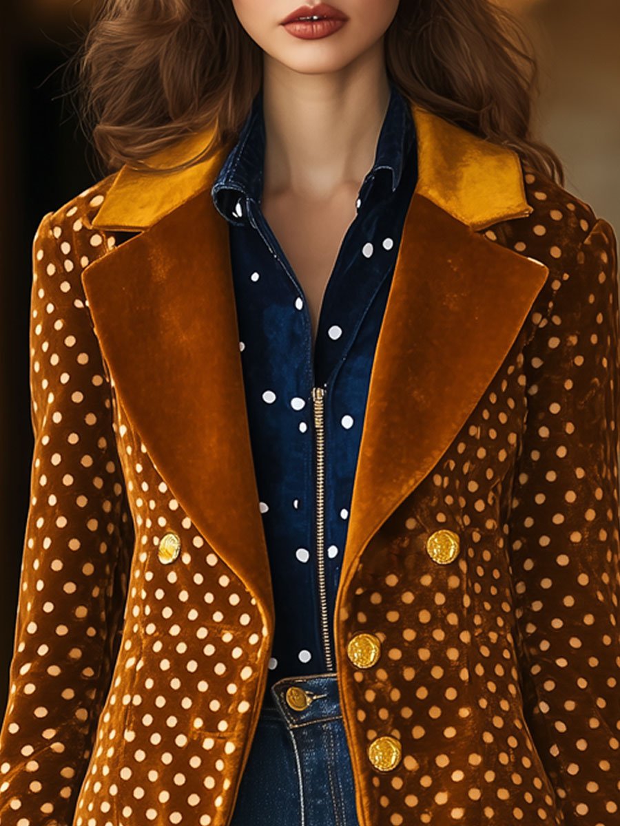 Casual Loose Retro Velvet Polka Dot Print Colorblock Lapel Blazer