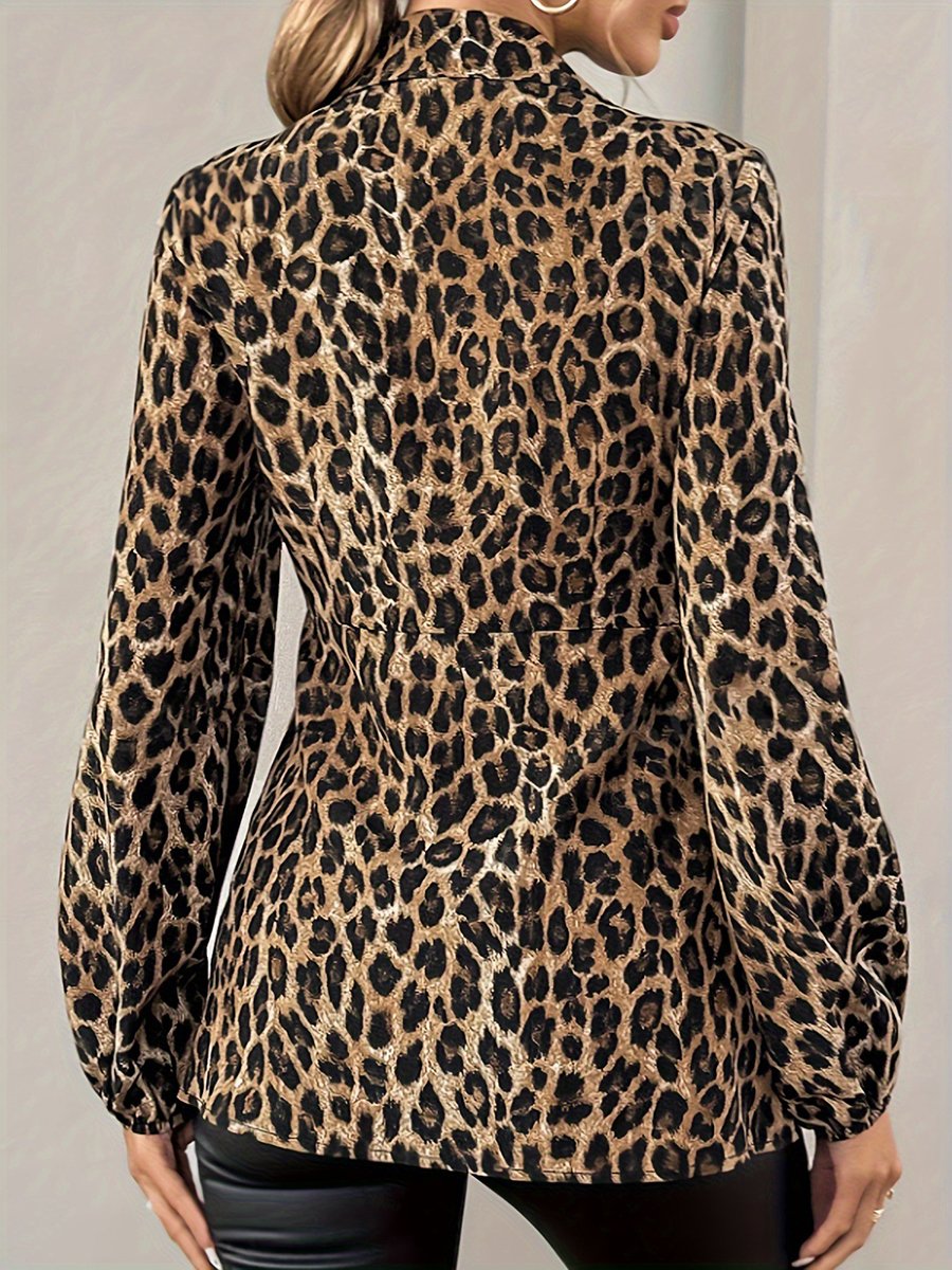 Leopard Print Lace-Up V-Neck Temperament Long Sleeve Shirt