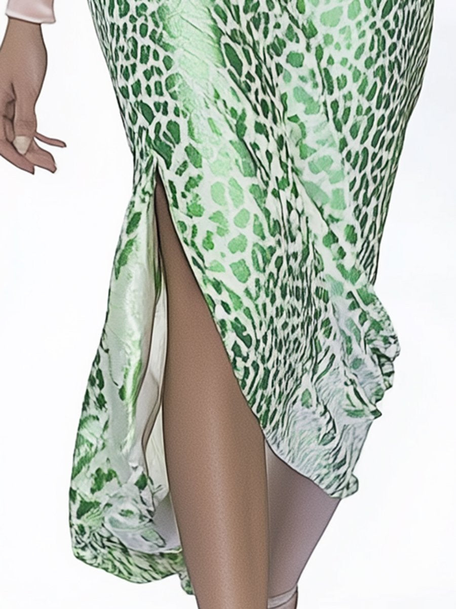 Elegant and Fashionable Leopard Print Green Satin Slit Skirt