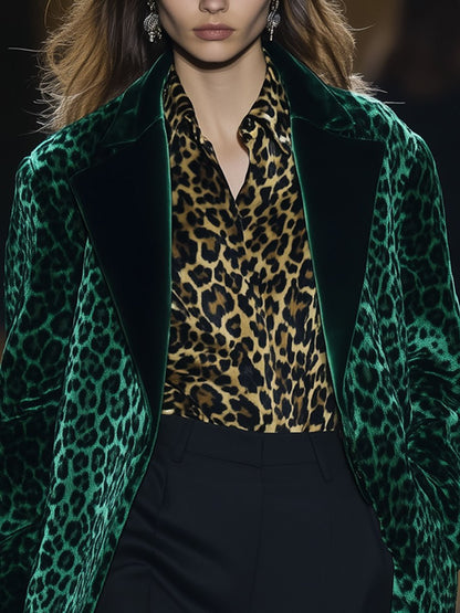 Casual Loose Vintage Green Velvet Leopard Print Lapel Pocket Coat