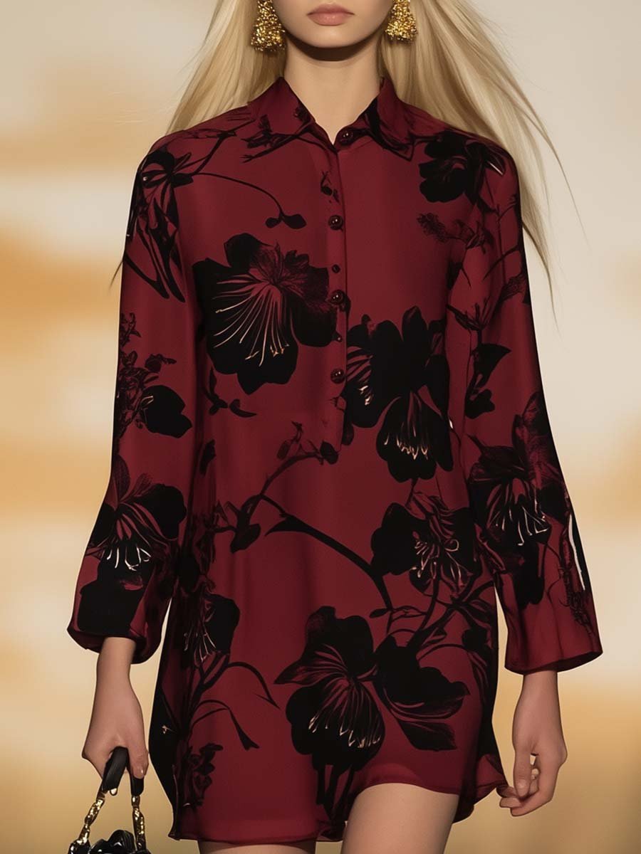 Personalized Plum Blossom Print Wine Red Loose Shirt-style Mini Dress